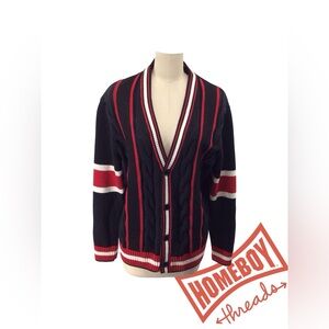 Inserch Black Cardigan with Red and White Stripes
